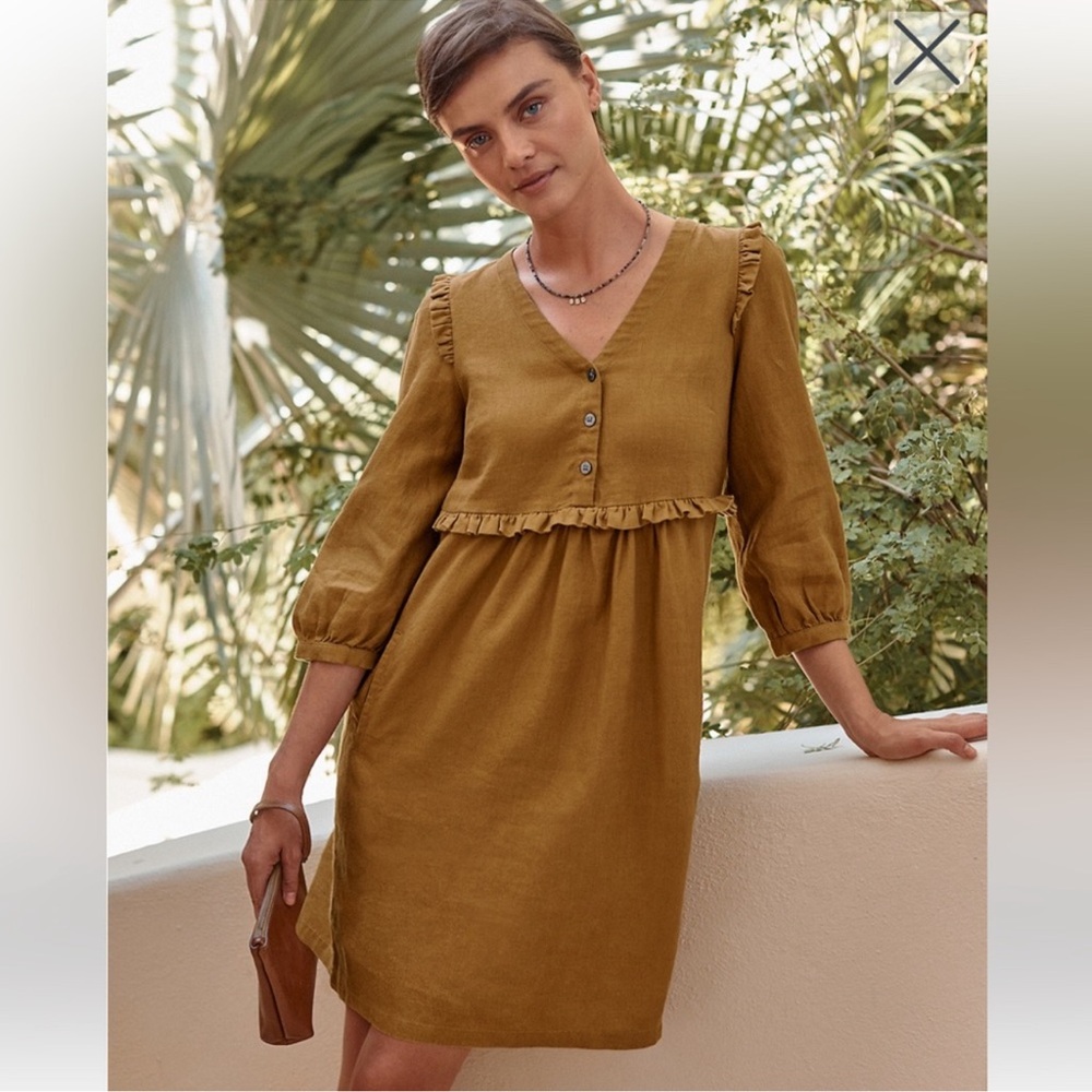 Garnet Hill Linen Ruffle-Detail Dress Size 18